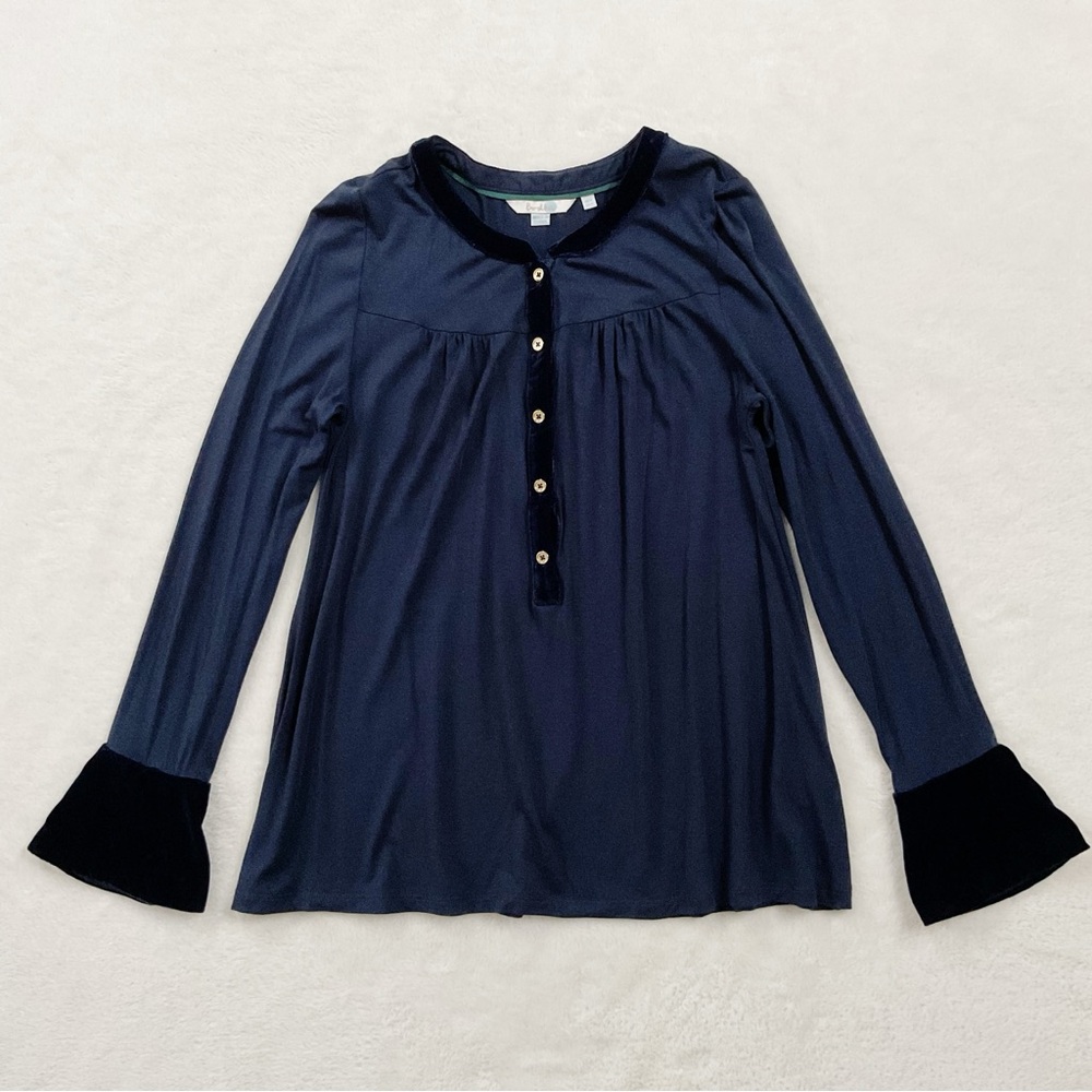 Boden Nadine Navy Blouse Velvet Trim Button Front Top US 4 - Picture 2 of 14